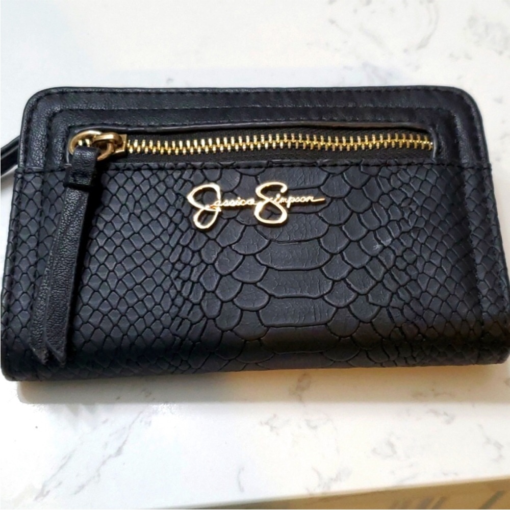 Jessica Simpson Black Snake-Embossed Wristlet Wallet with Gold Hardware
